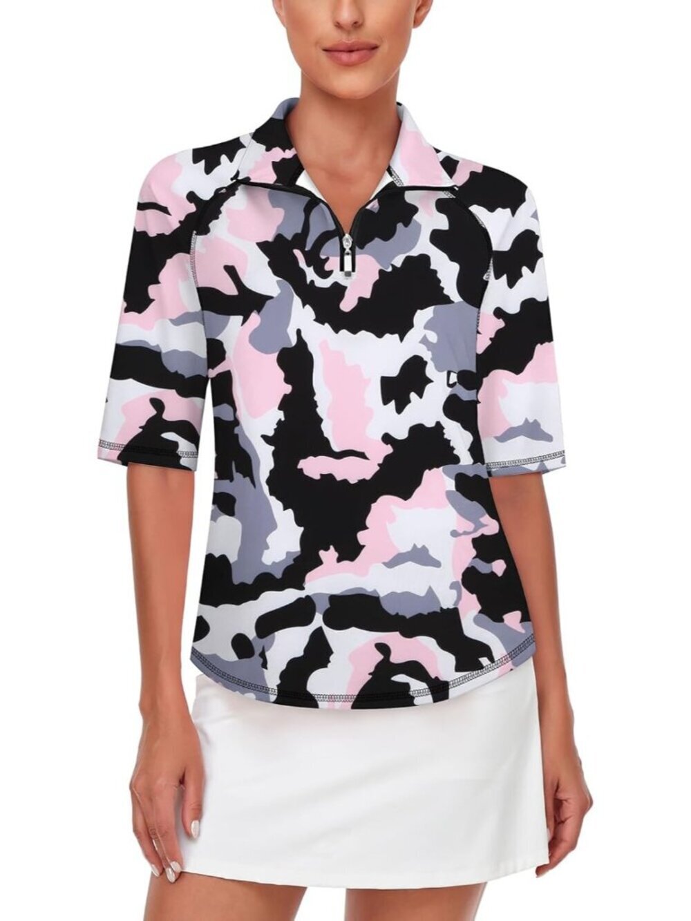 Womens Camo Light Pink Golf Shirt Quick Dry Half Sleeve 1/4 Zip Tennis Top M-3XL